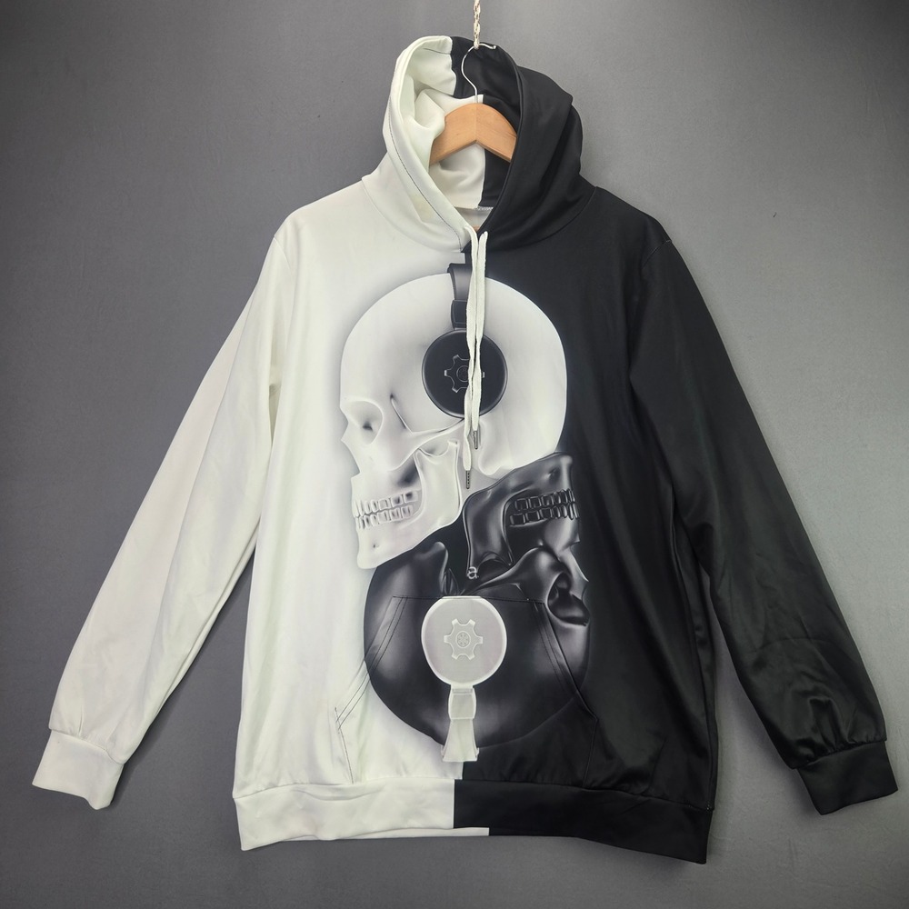 NAIN Hoodie Skull Yin Yang Graphic Split Color L/XL Black and White Headphones
